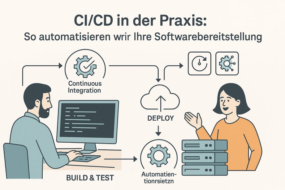 Illustration einer CI/CD-Pipeline mit Entwickler, Cloud, Testing und Deployment-Stufen