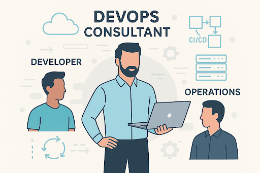 Illustration eines DevOps-Beraters mit CI/CD-Pipeline, Cloud- und Infrastruktur-Tools