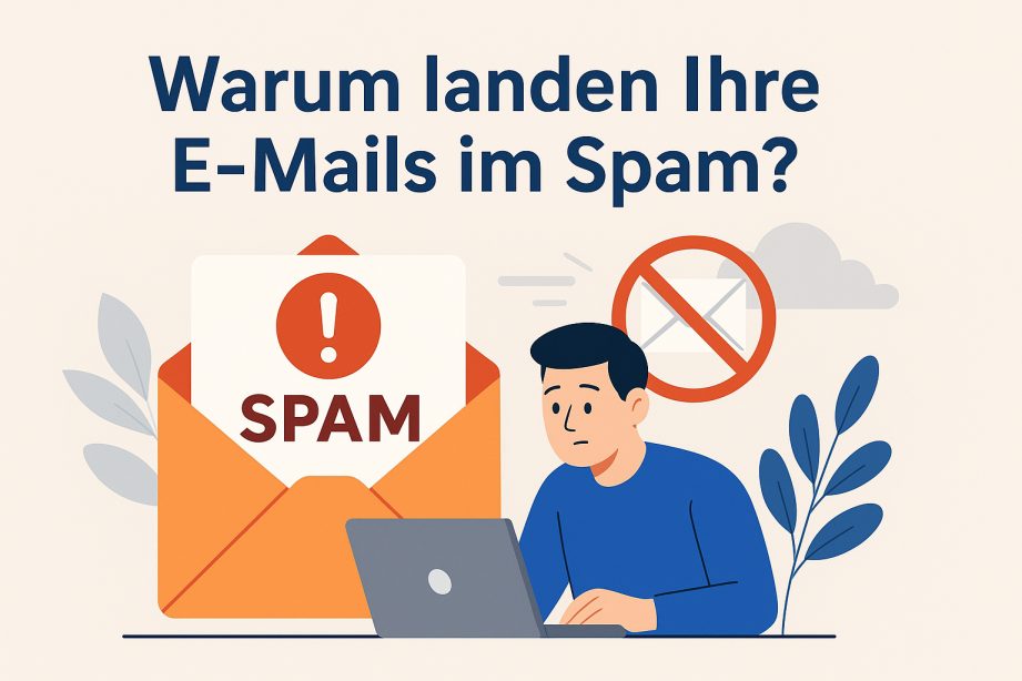 Illustration eines Mannes mit Laptop, E-Mail im Spam-Ordner, Warnsymbol, durchgestrichenes Briefsymbol